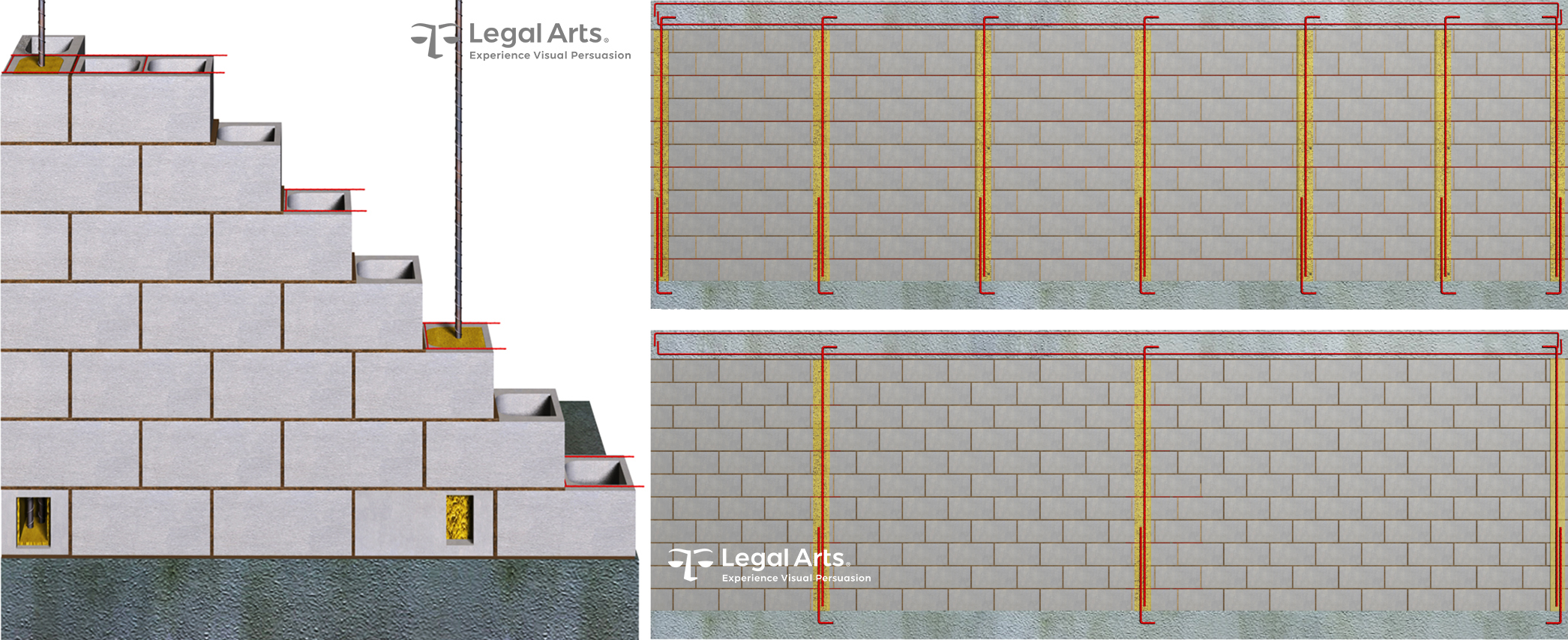 To-code concrete block wall construction features both vertical and horizontal steel reinforcement and grout-filled cores (left and top right). The as-built condition missed 94% of horizontal and 54% of vertical steel.